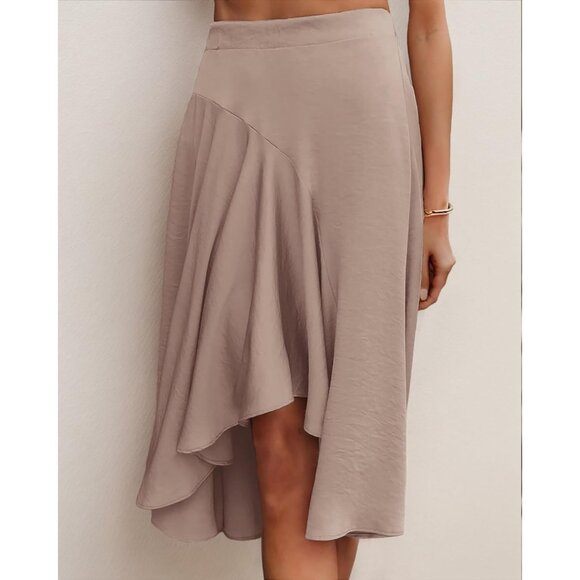 Women's Midi Skirt Elegant Flowy Ruffle High Waist High Low Midi Skirts - Picture 4 of 5